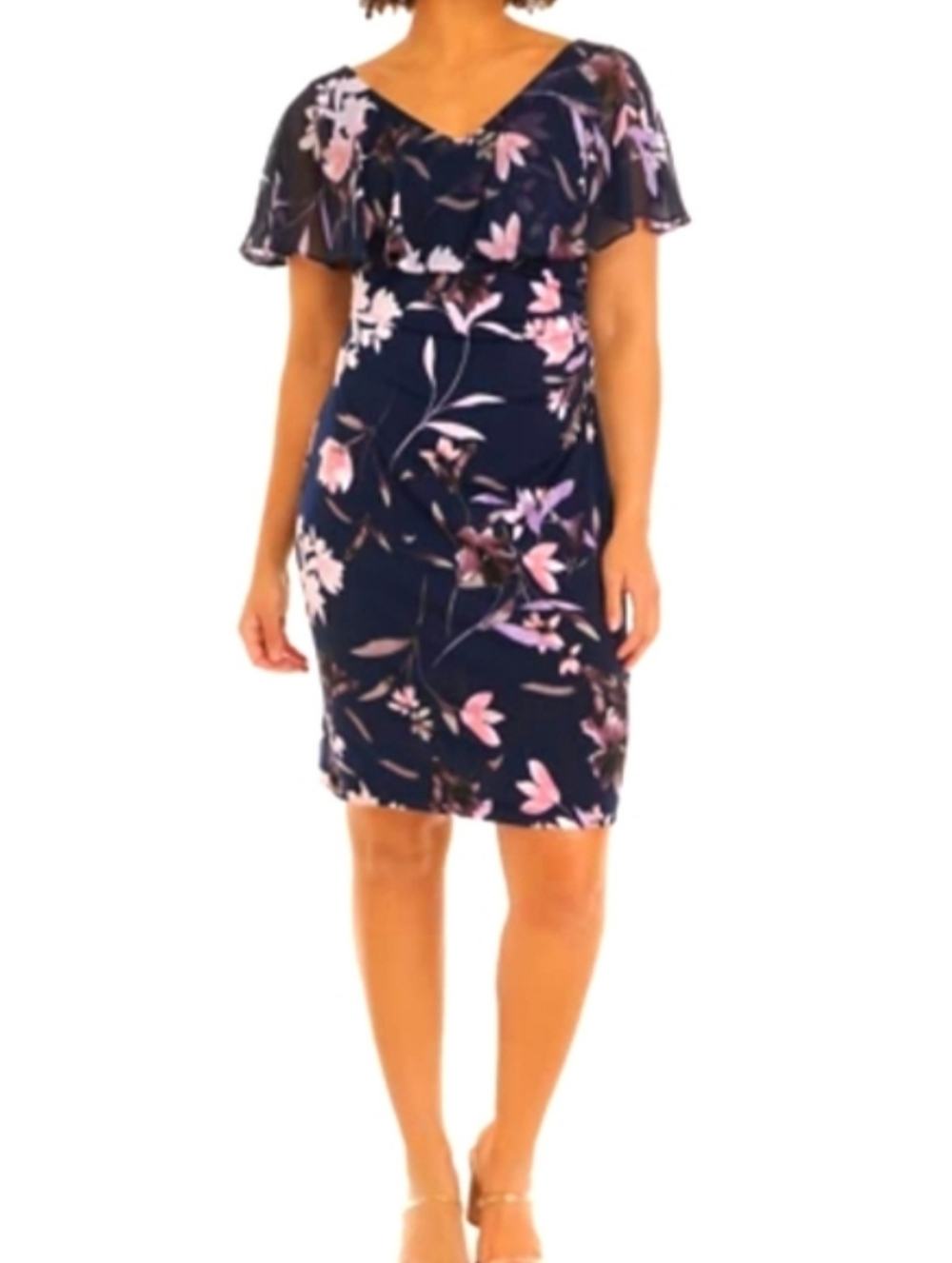 Connected Apparel Overlay Sheer Floral Ruched Bodycon Midi Dress